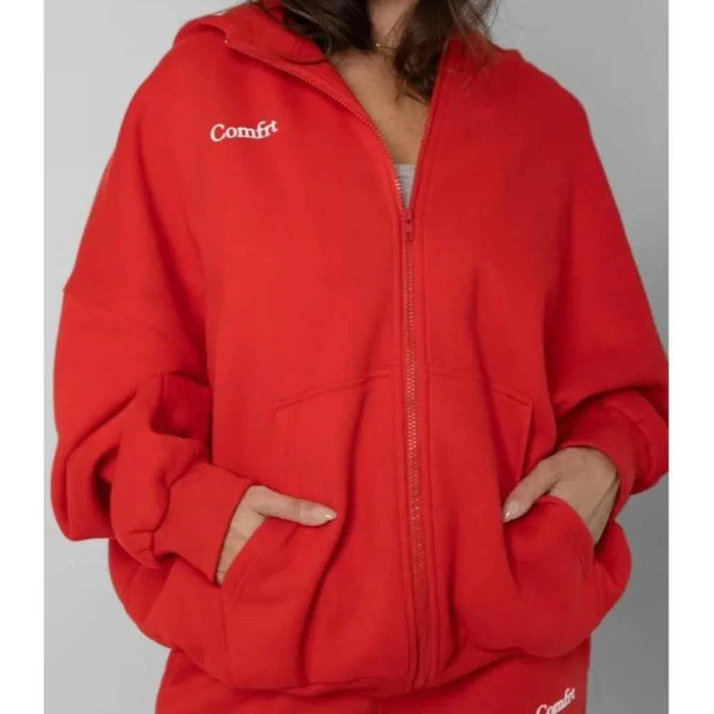Comfrt Cloud Oversized Full Zip Hoodie Red Size S Pockets Logo Travel Unisex